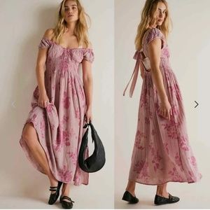 Free People Forget Me Not  Floral Smocked Distressed Vintage Midi Dress XL